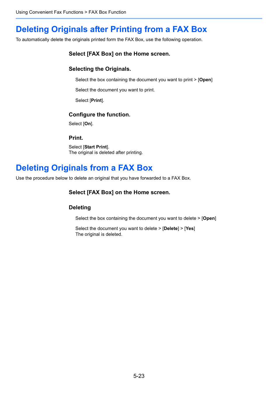 Deleting originals after printing from a fax box, Deleting originals from a fax box, Deleting originals after | Fax box -23 | Kyocera FAX System 12 User Manual | Page 111 / 258