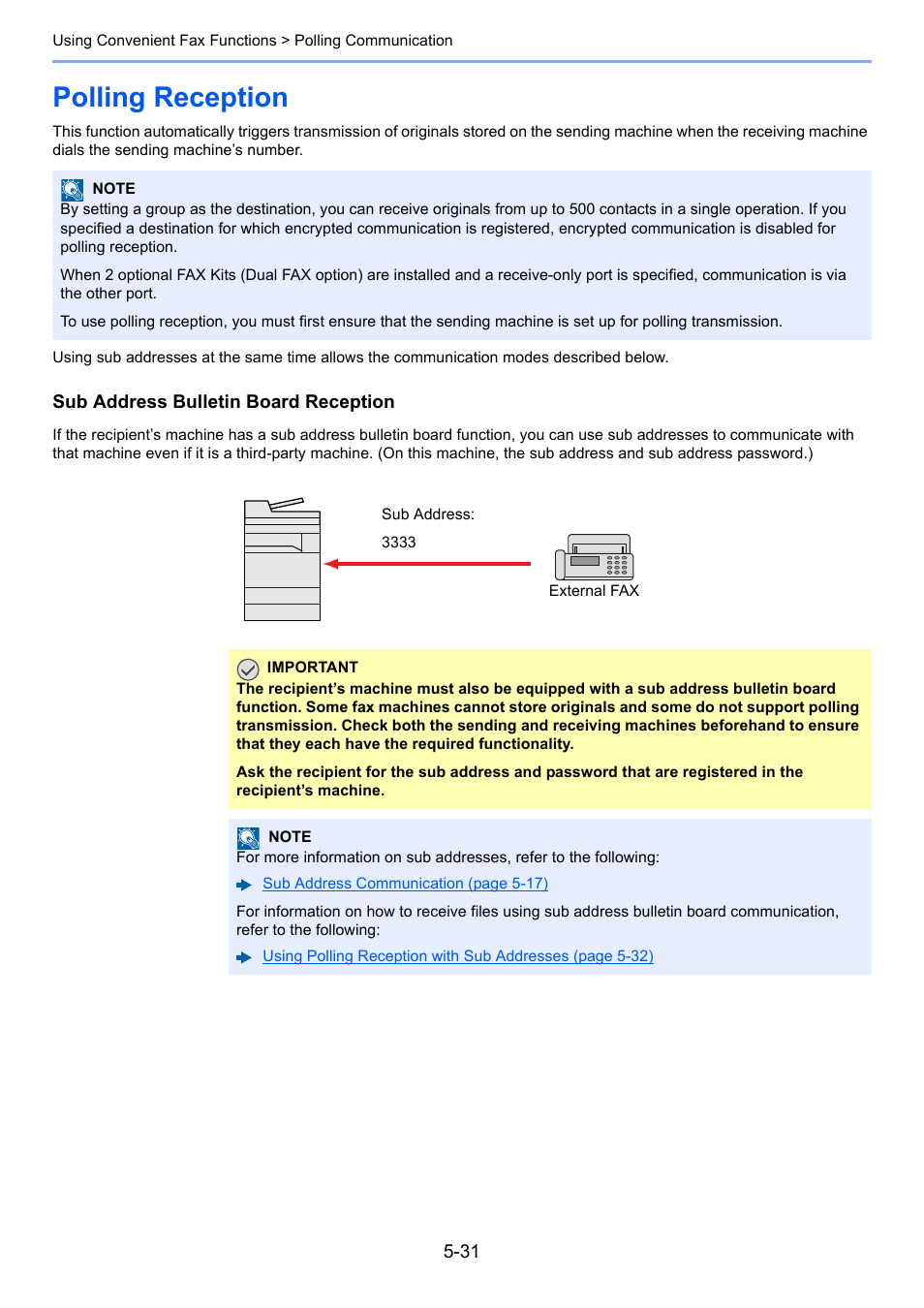 Polling reception, Polling reception -31, Sub address bulletin board reception -31 | Kyocera FAX System 12 User Manual | Page 119 / 258