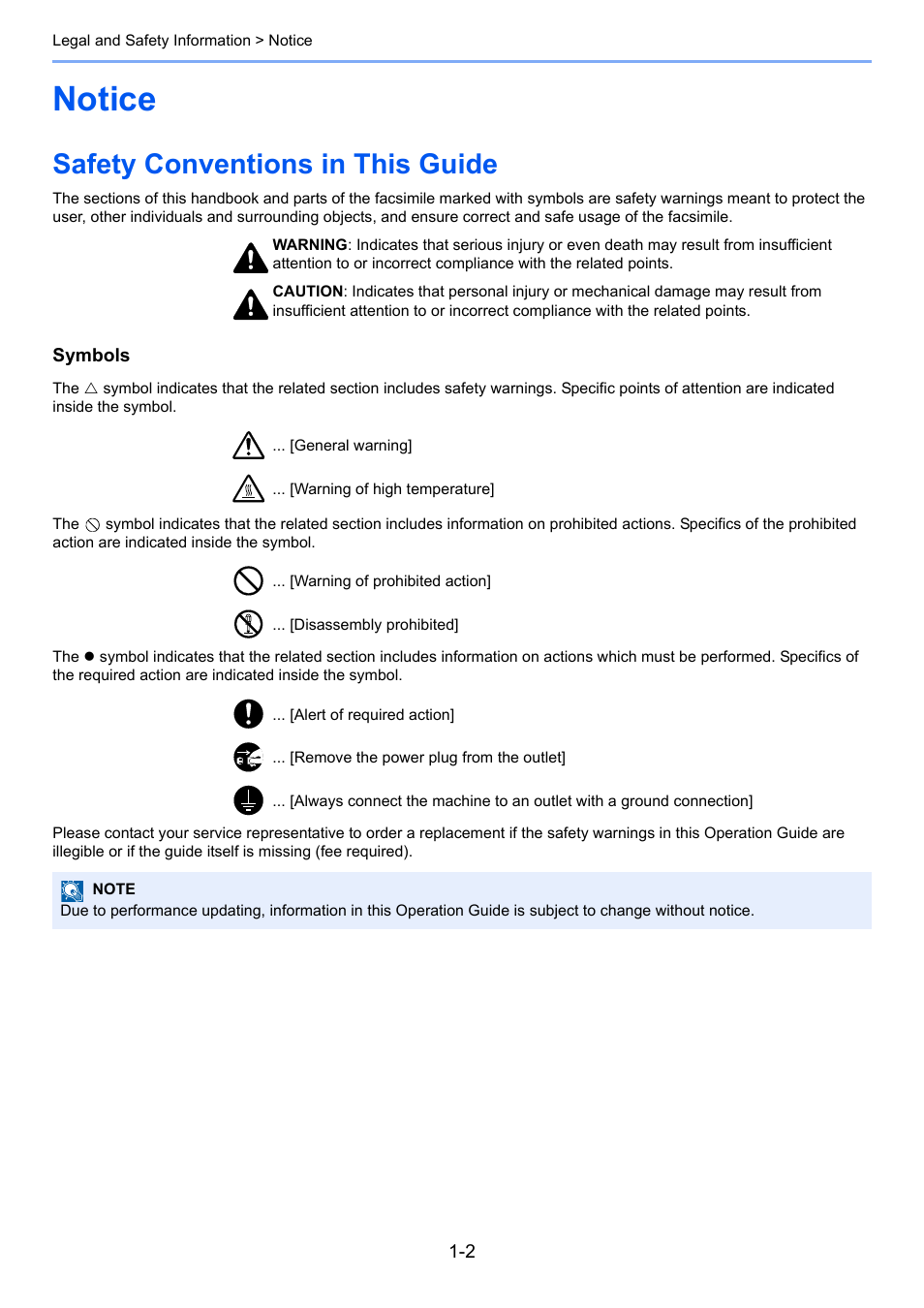 Notice, Safety conventions in this guide, Notice -2 | Safety conventions in this guide -2 | Kyocera FAX System 12 User Manual | Page 12 / 258