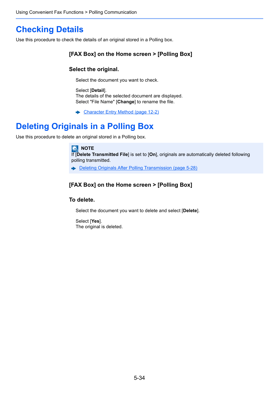 Checking details, Deleting originals in a polling box | Kyocera FAX System 12 User Manual | Page 122 / 258