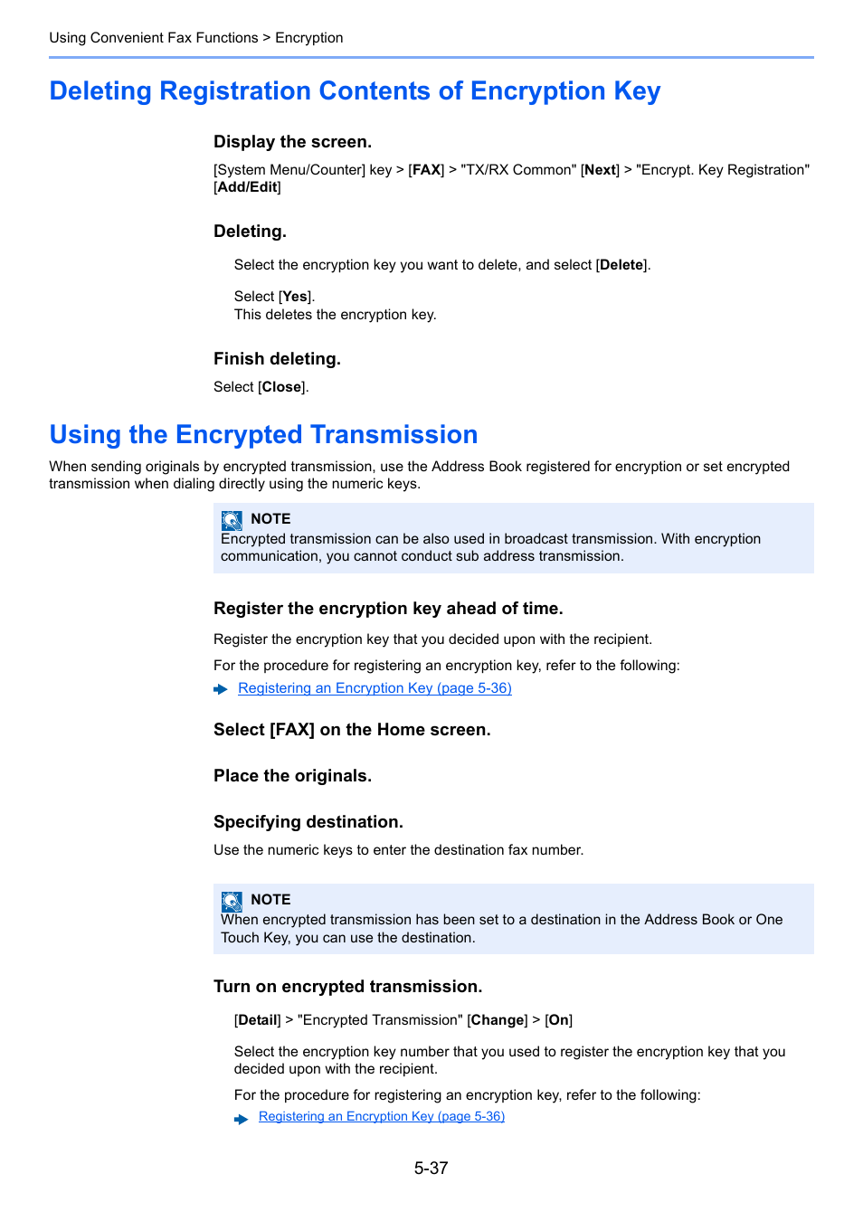 Deleting registration contents of encryption key, Using the encrypted transmission, Deleting registration contents of | Kyocera FAX System 12 User Manual | Page 125 / 258