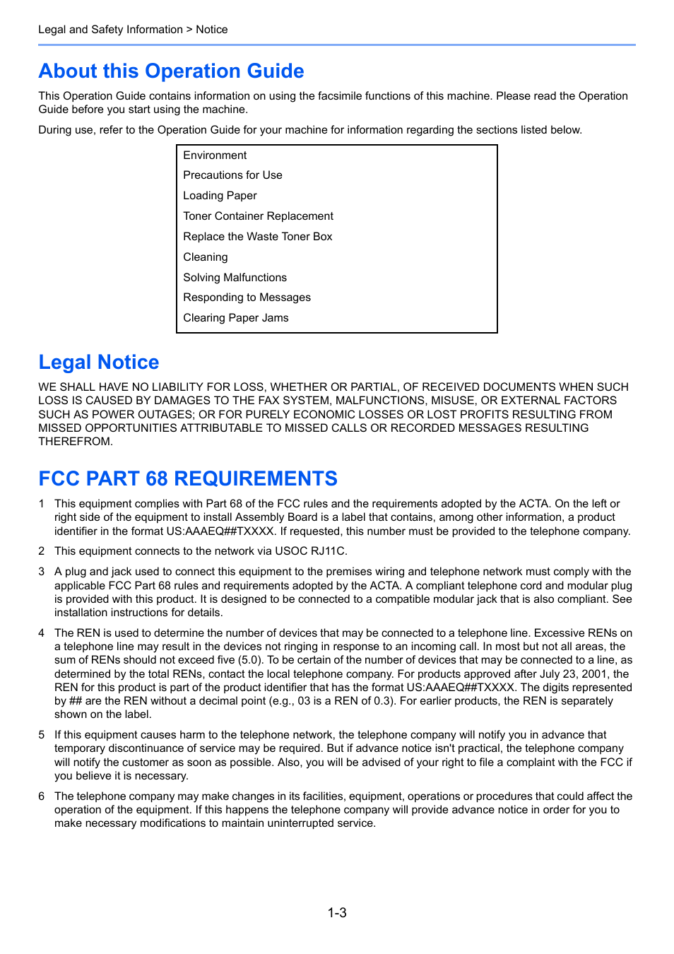 About this operation guide, Legal notice, Fcc part 68 requirements | Kyocera FAX System 12 User Manual | Page 13 / 258