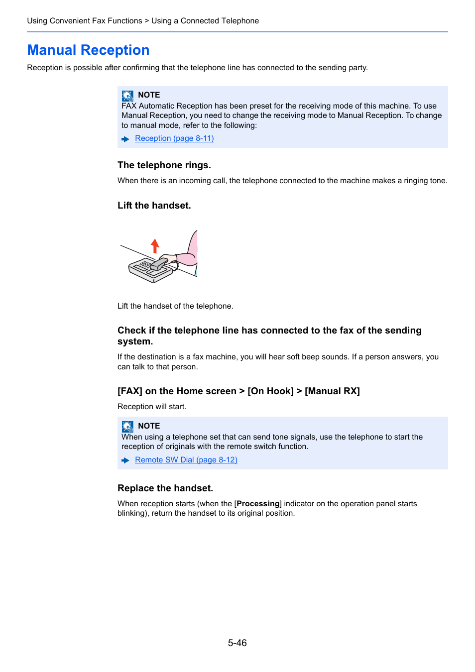 Manual reception, Manual reception -46 | Kyocera FAX System 12 User Manual | Page 134 / 258
