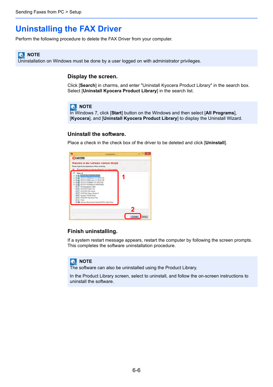 Uninstalling the fax driver, Uninstalling the fax driver -6 | Kyocera FAX System 12 User Manual | Page 141 / 258