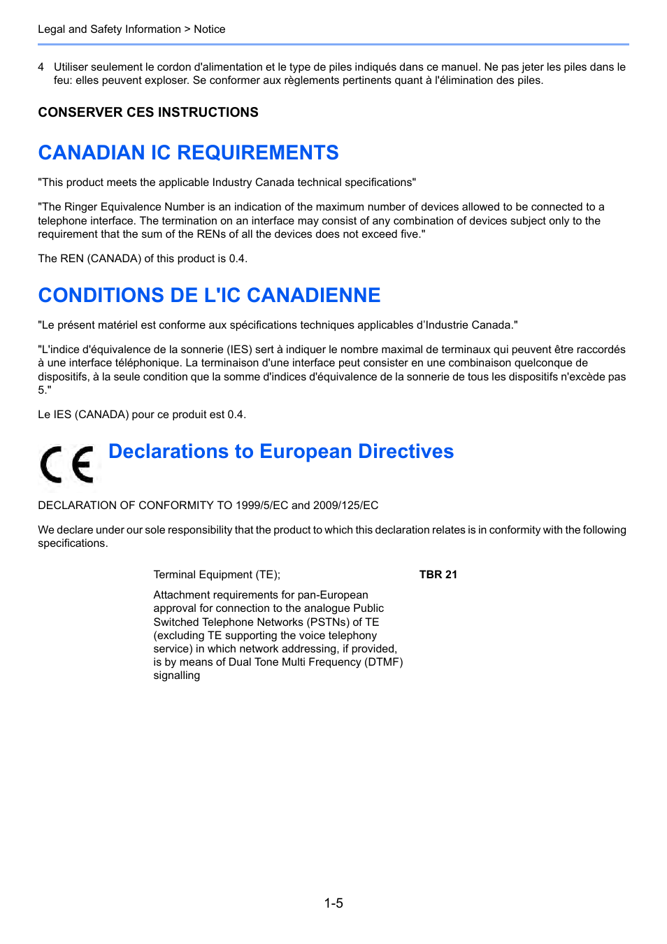 Canadian ic requirements, Conditions de l'ic canadienne, Declarations to european directives | Kyocera FAX System 12 User Manual | Page 15 / 258