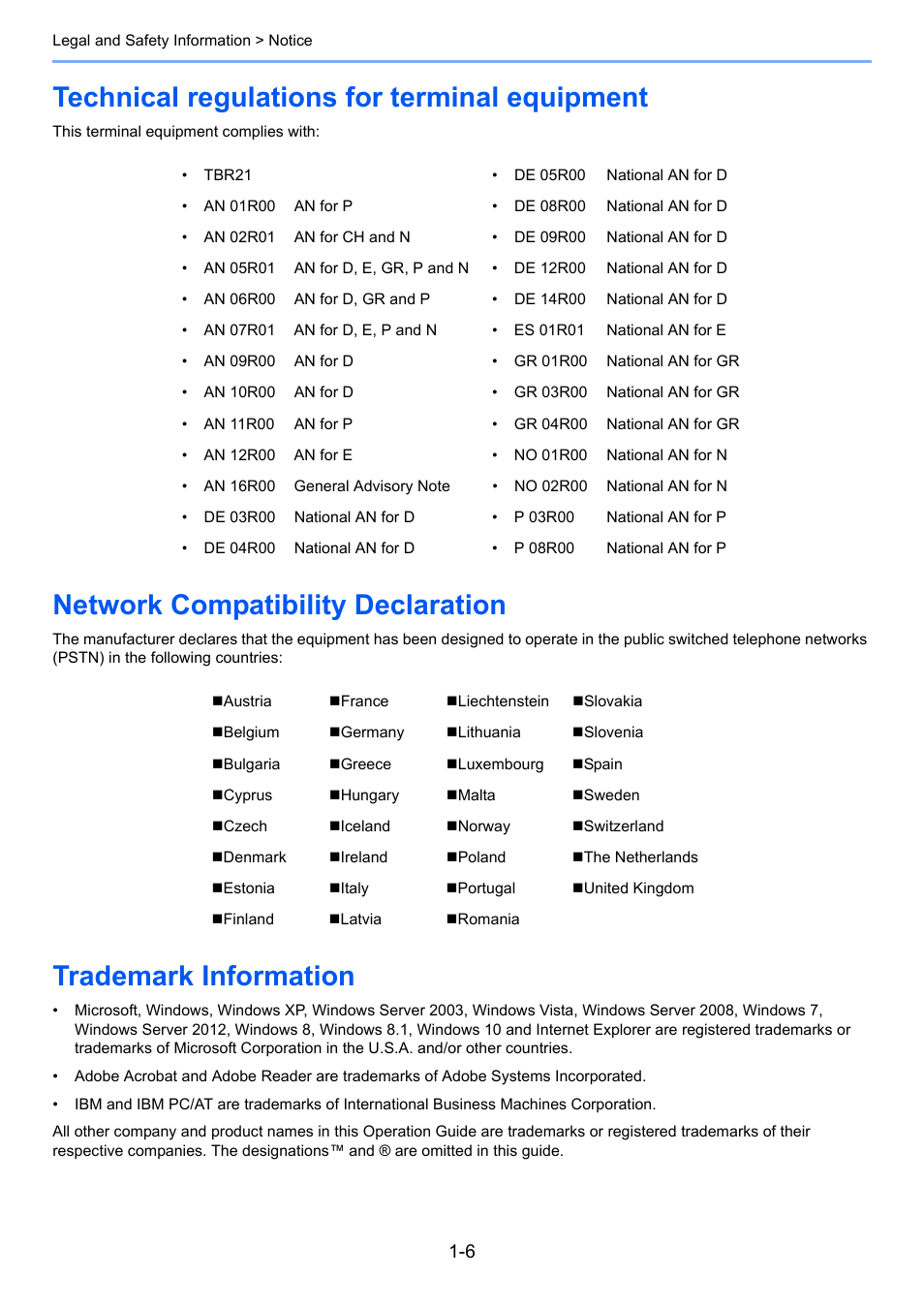 Technical regulations for terminal equipment, Network compatibility declaration, Trademark information | Kyocera FAX System 12 User Manual | Page 16 / 258