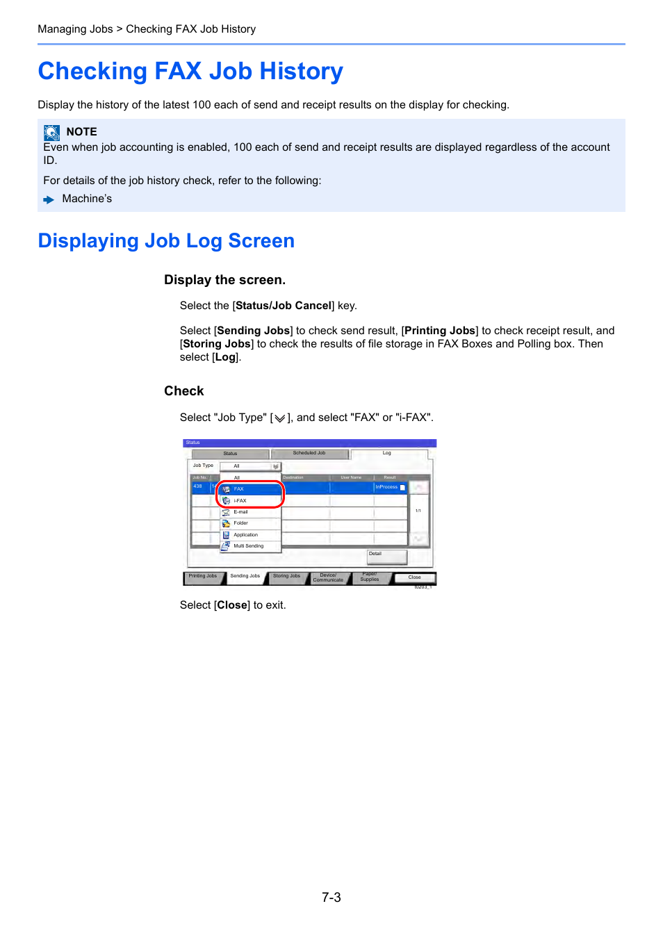 Checking fax job history, Displaying job log screen, Checking fax job history -3 | Displaying job log screen -3, Display the screen, Check, Managing jobs > checking fax job history | Kyocera FAX System 12 User Manual | Page 170 / 258
