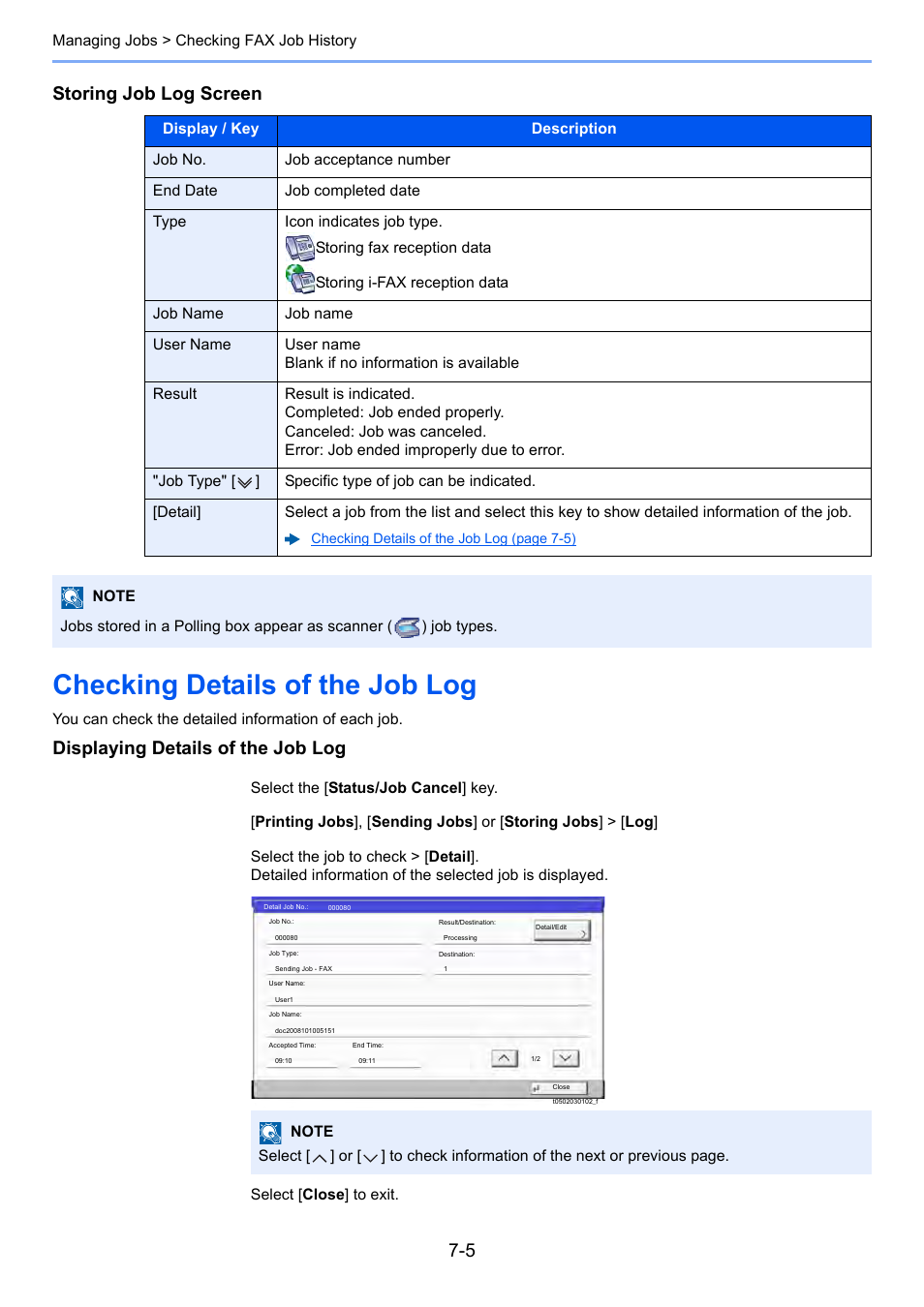 Checking details of the job log, Checking details of the job log -5, Storing job log screen | Displaying details of the job log | Kyocera FAX System 12 User Manual | Page 172 / 258