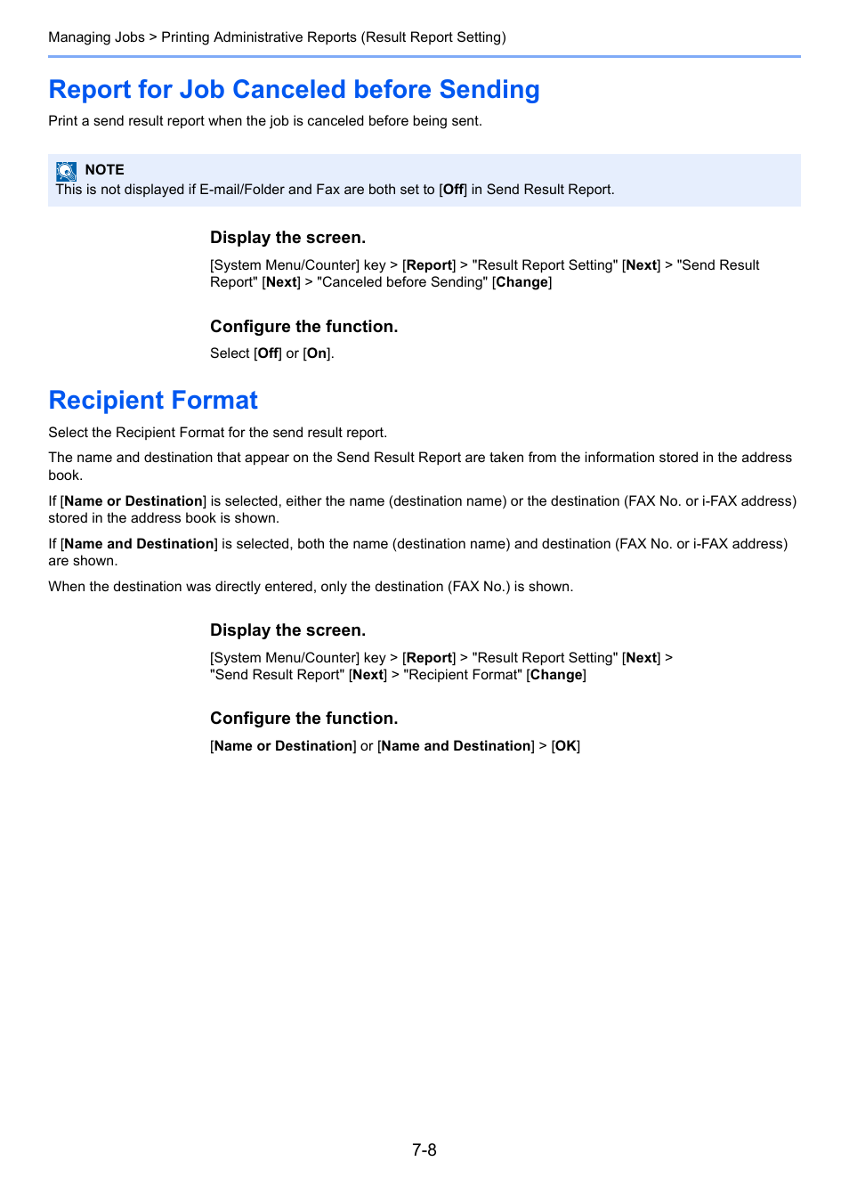 Report for job canceled before sending, Recipient format | Kyocera FAX System 12 User Manual | Page 175 / 258
