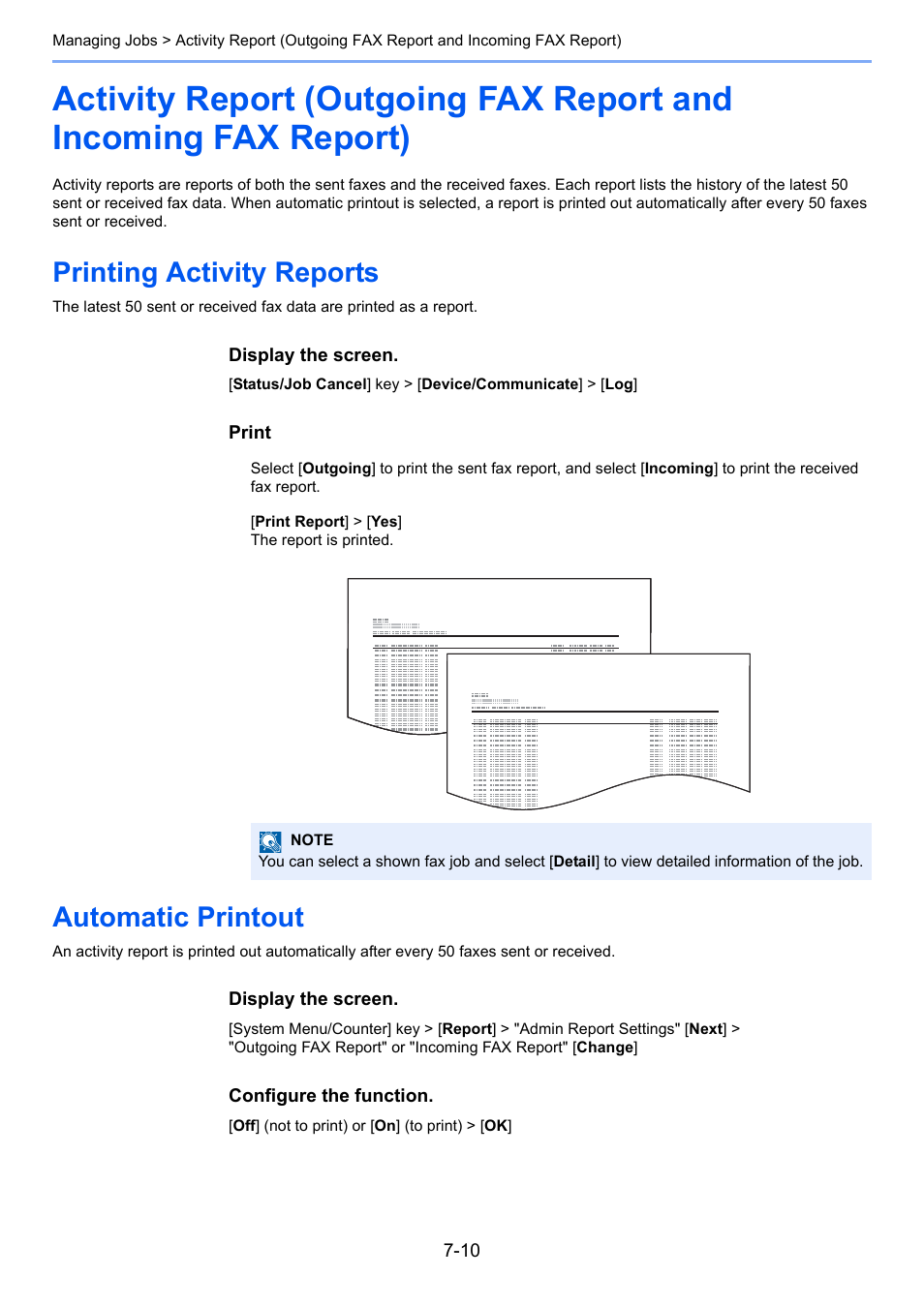 Printing activity reports, Automatic printout | Kyocera FAX System 12 User Manual | Page 177 / 258