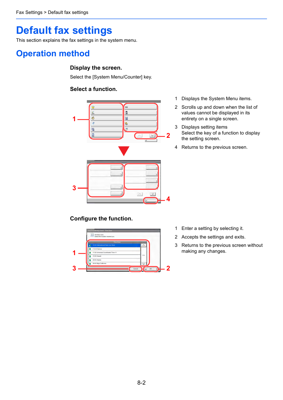 Default fax settings, Operation method, Default fax settings -2 | Operation method -2, Display the screen, Select a function, Configure the function, Fax settings > default fax settings, Select the [system menu/counter] key | Kyocera FAX System 12 User Manual | Page 182 / 258