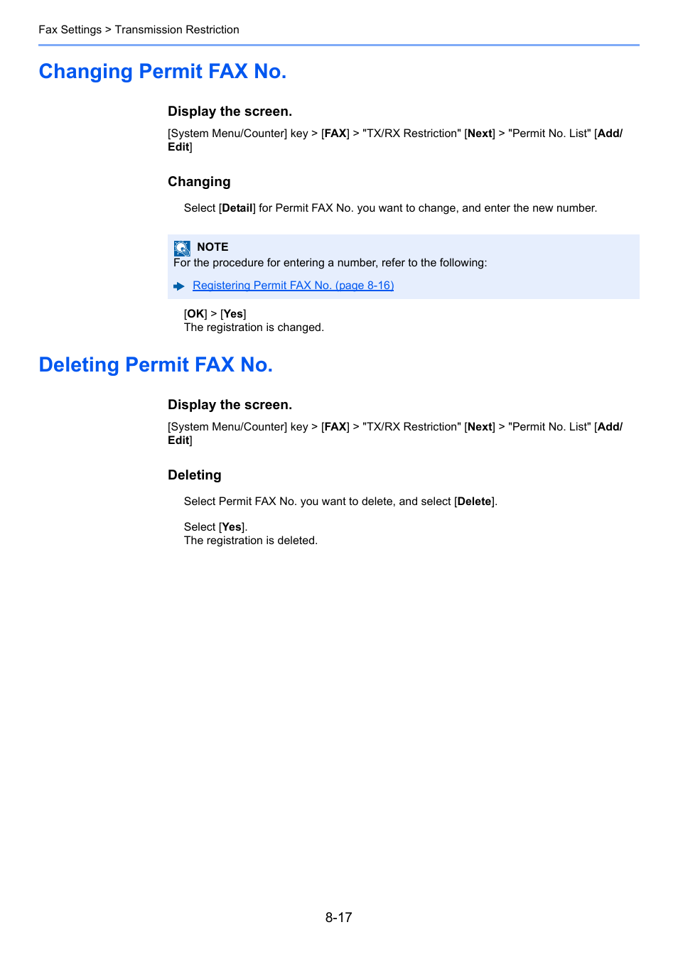 Changing permit fax no, Deleting permit fax no | Kyocera FAX System 12 User Manual | Page 197 / 258