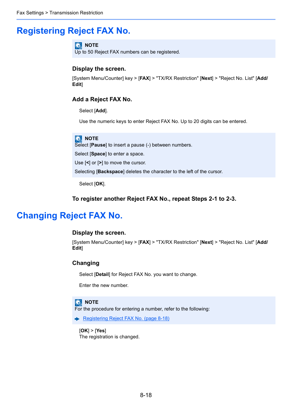 Registering reject fax no, Changing reject fax no | Kyocera FAX System 12 User Manual | Page 198 / 258