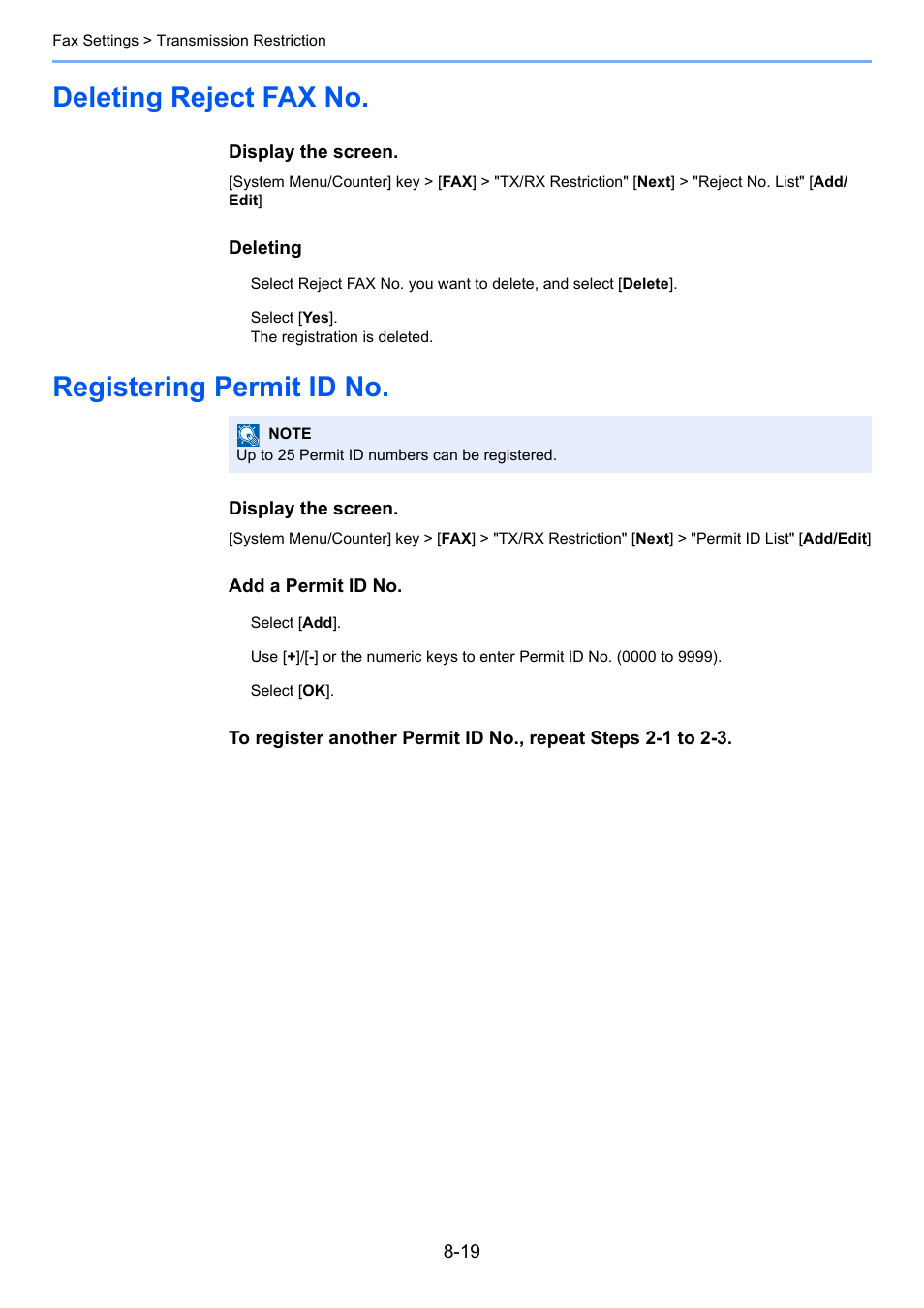 Deleting reject fax no, Registering permit id no | Kyocera FAX System 12 User Manual | Page 199 / 258