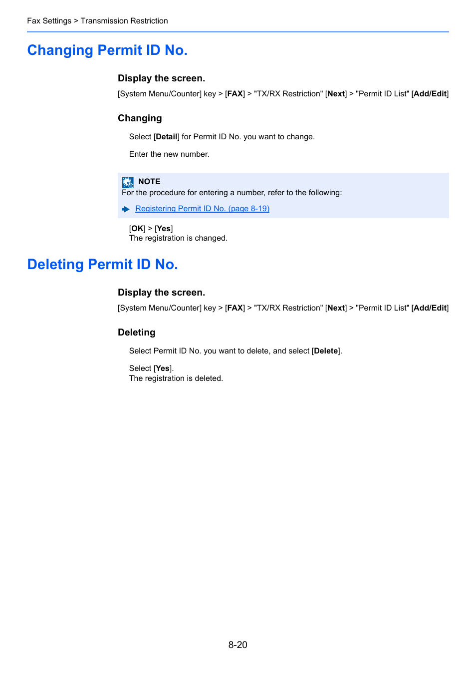 Changing permit id no, Deleting permit id no | Kyocera FAX System 12 User Manual | Page 200 / 258