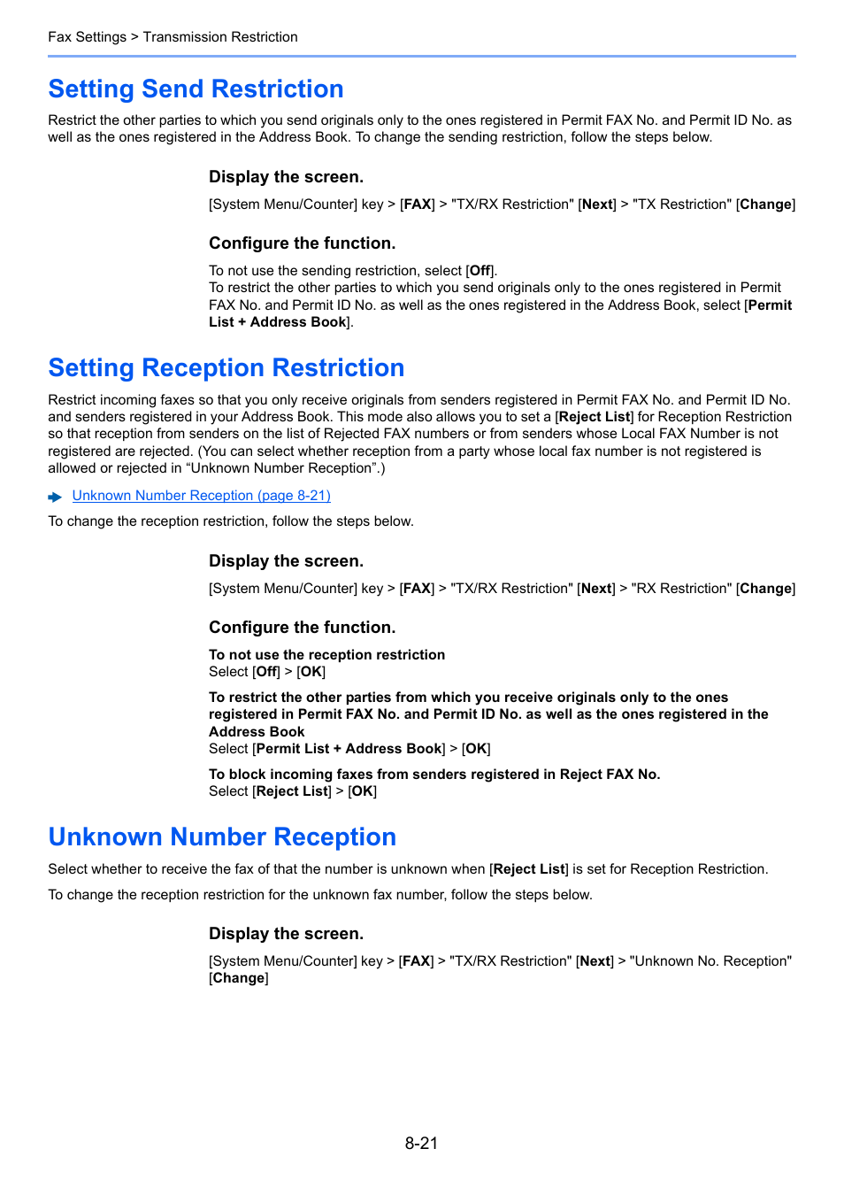 Setting send restriction, Setting reception restriction, Unknown number reception | Kyocera FAX System 12 User Manual | Page 201 / 258