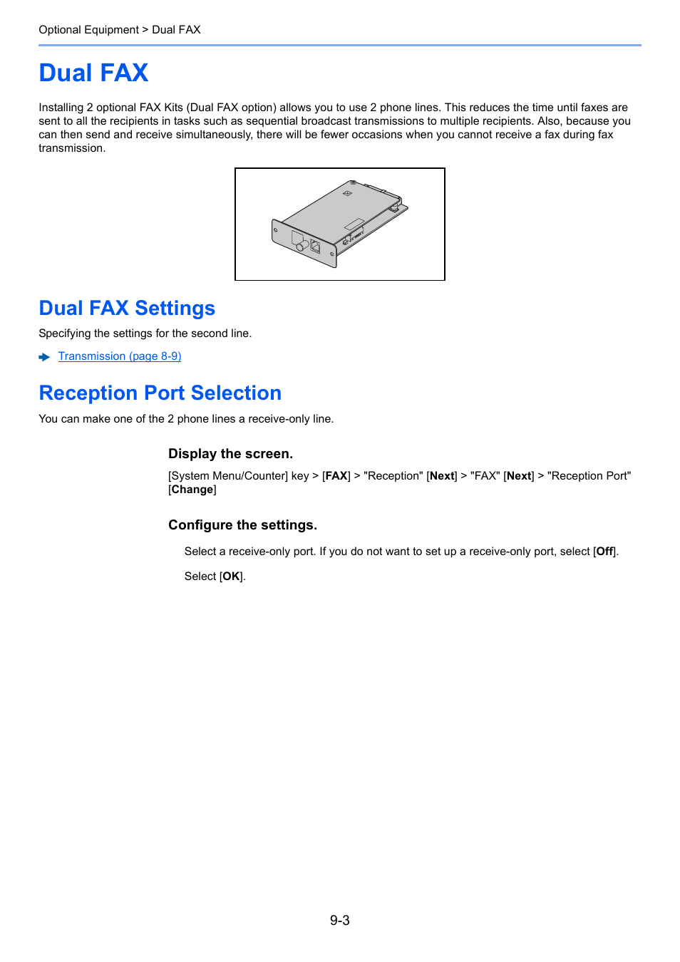 Dual fax, Dual fax settings, Reception port selection | Dual fax -3, Dual fax settings -3 reception port selection -3, 3 reception port selection | Kyocera FAX System 12 User Manual | Page 209 / 258