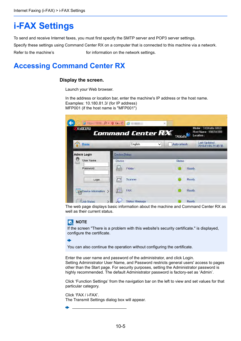 I-fax settings, Accessing command center rx, I-fax settings -5 | Accessing command center rx -5 | Kyocera FAX System 12 User Manual | Page 215 / 258