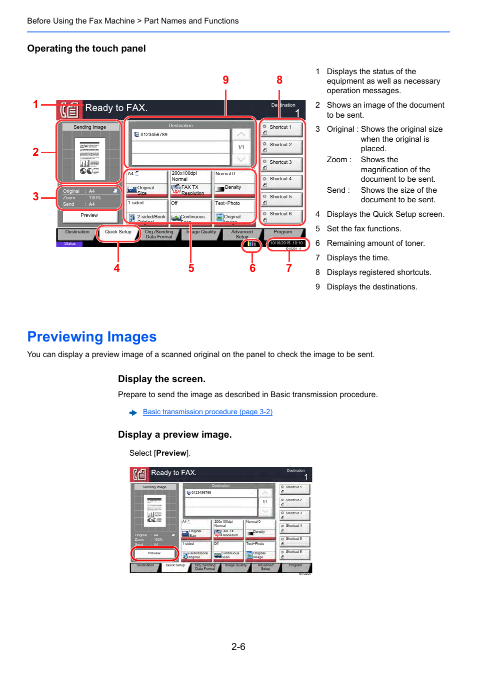 Previewing images, Previewing images -6, Operating the touch panel | Display the screen, Display a preview image, 1select [ preview | Kyocera FAX System 12 User Manual | Page 22 / 258