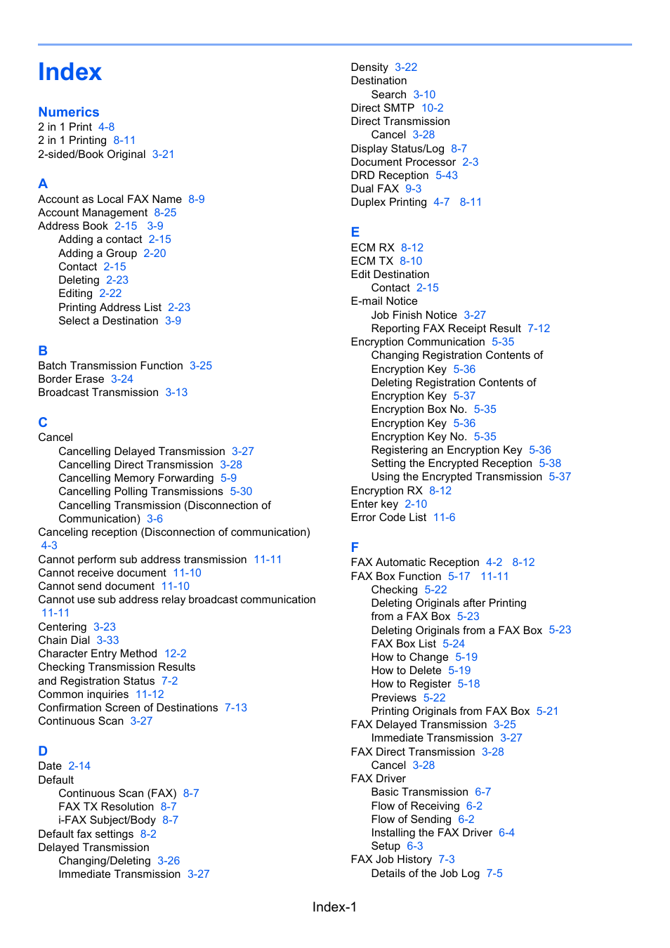 Index | Kyocera FAX System 12 User Manual | Page 254 / 258