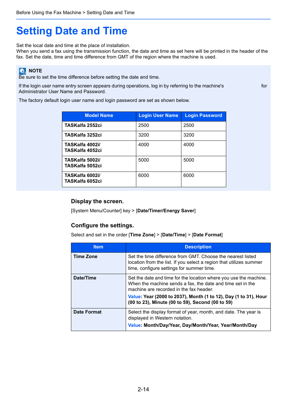 Setting date and time, Setting date and time -14 | Kyocera FAX System 12 User Manual | Page 30 / 258