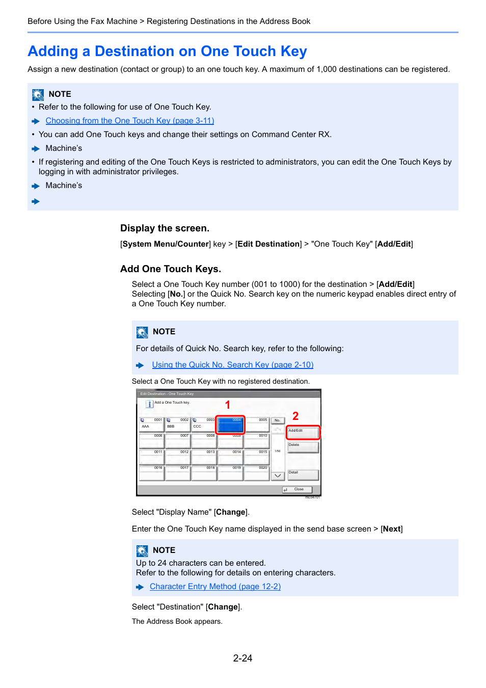 Adding a destination on one touch key, Adding a destination on one touch key -24, Display the screen | Add one touch keys | Kyocera FAX System 12 User Manual | Page 40 / 258