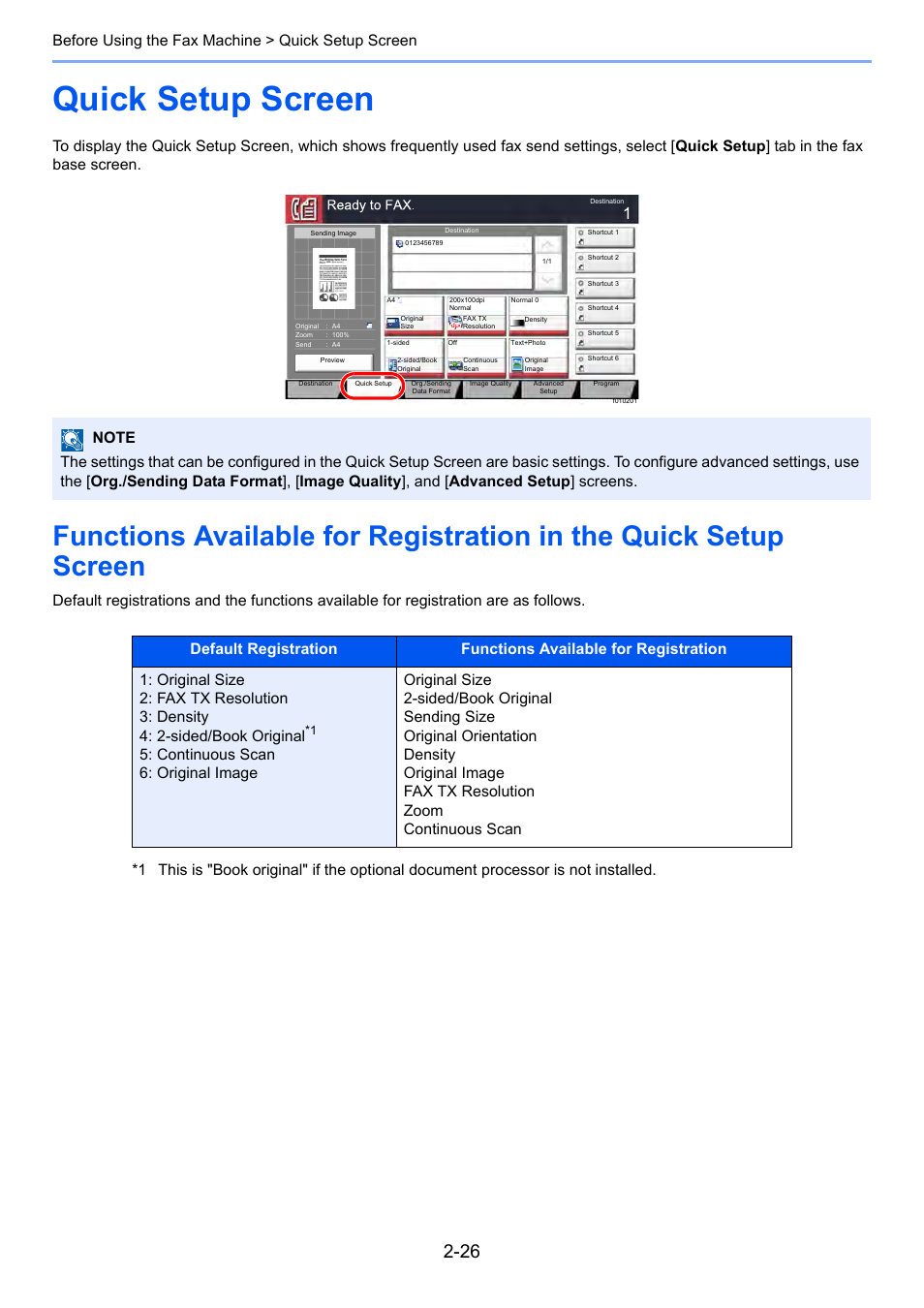 Quick setup screen, Quick setup screen -26, Before using the fax machine > quick setup screen | Kyocera FAX System 12 User Manual | Page 42 / 258