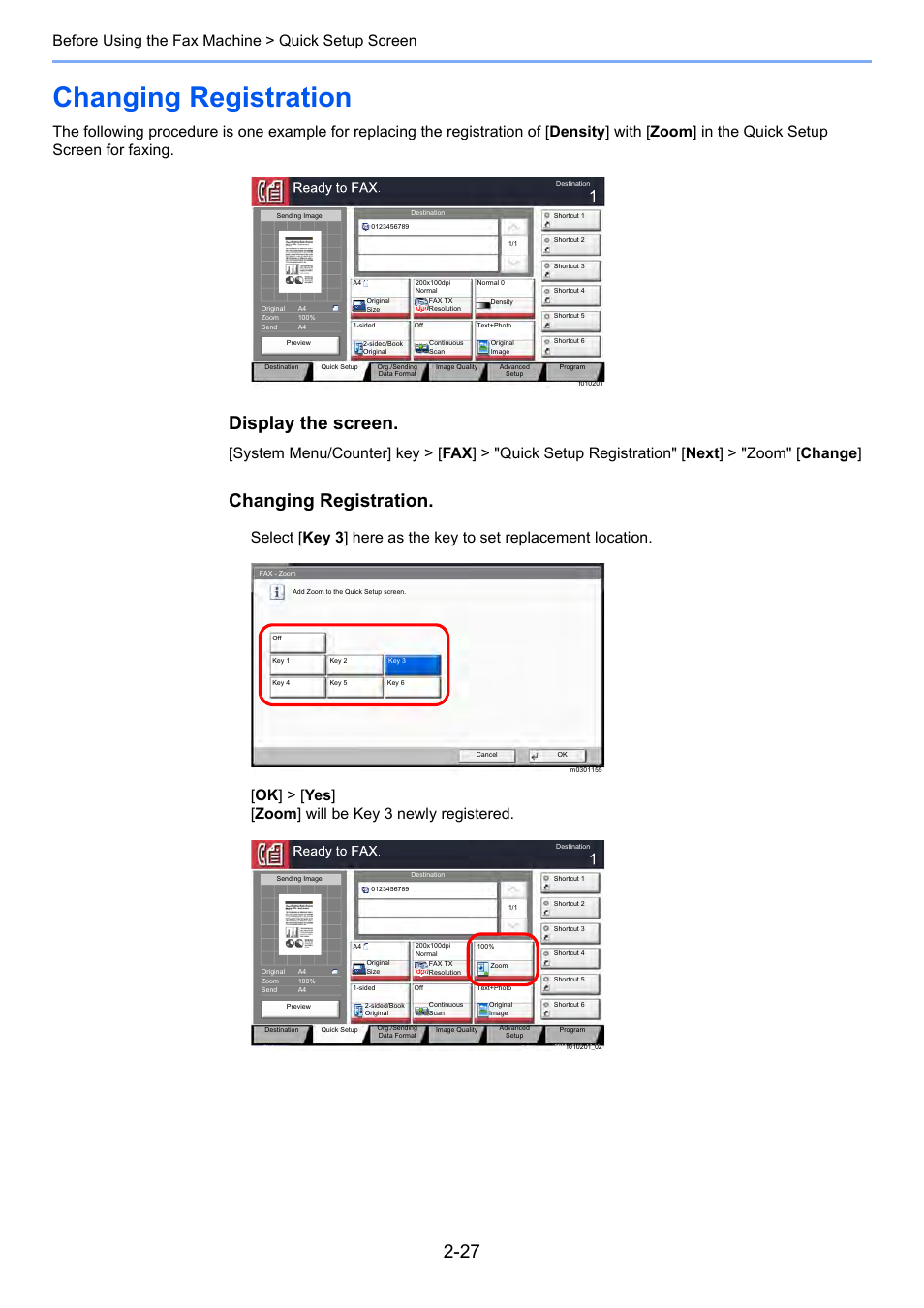 Changing registration, Changing registration -27, Display the screen | Before using the fax machine > quick setup screen | Kyocera FAX System 12 User Manual | Page 43 / 258