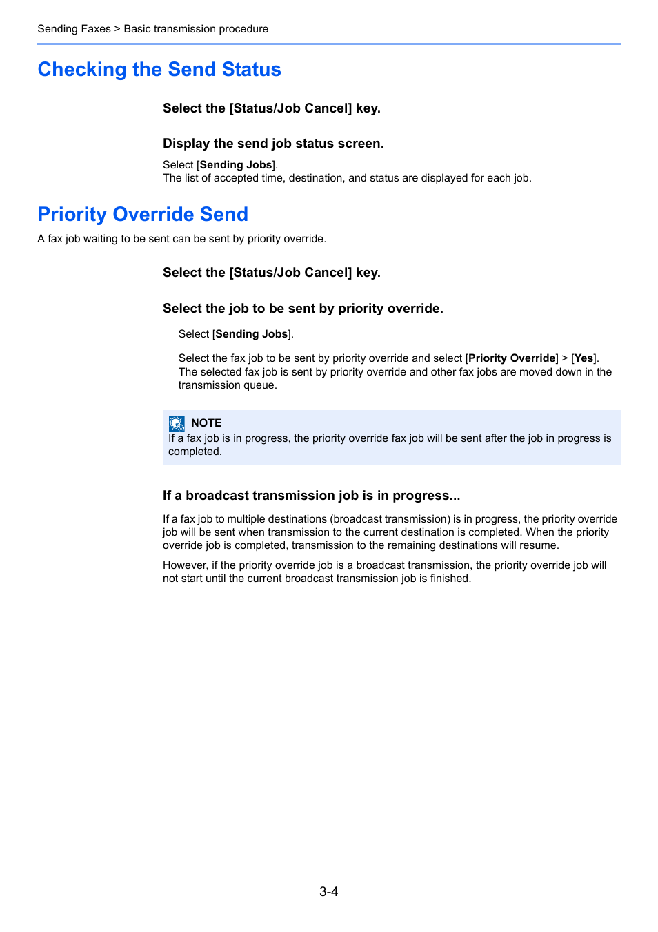 Checking the send status, Priority override send | Kyocera FAX System 12 User Manual | Page 49 / 258