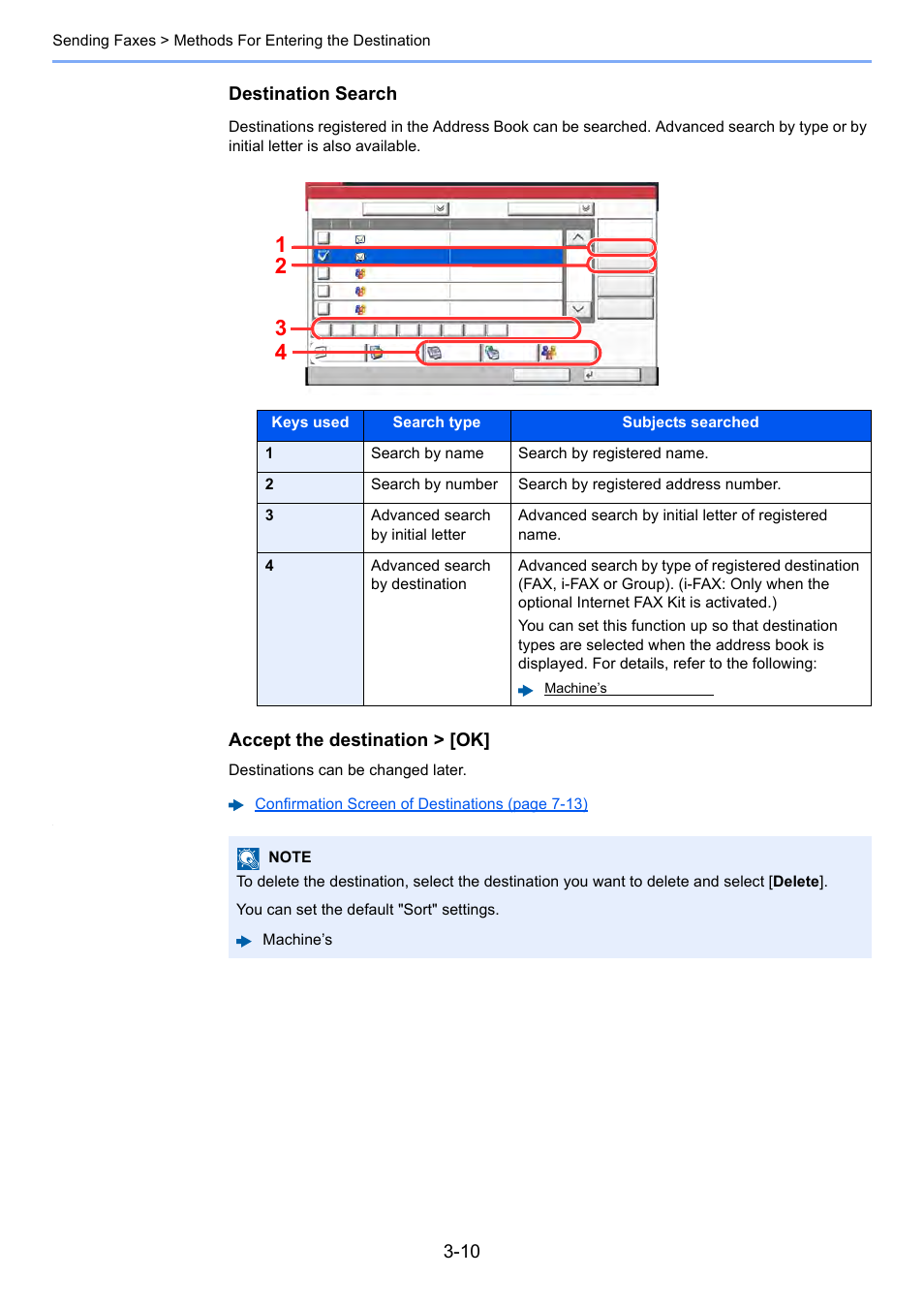 Destination search, Accept the destination > [ok, Destinations can be changed later | Machine’s operation guide | Kyocera FAX System 12 User Manual | Page 55 / 258