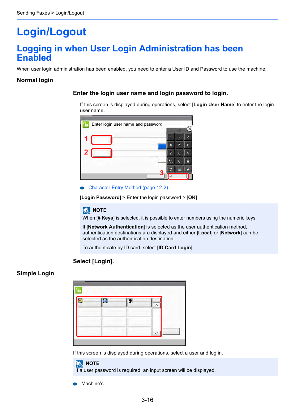 Login/logout, Login/logout -16, Normal login | Select [login]. simple login | Kyocera FAX System 12 User Manual | Page 61 / 258