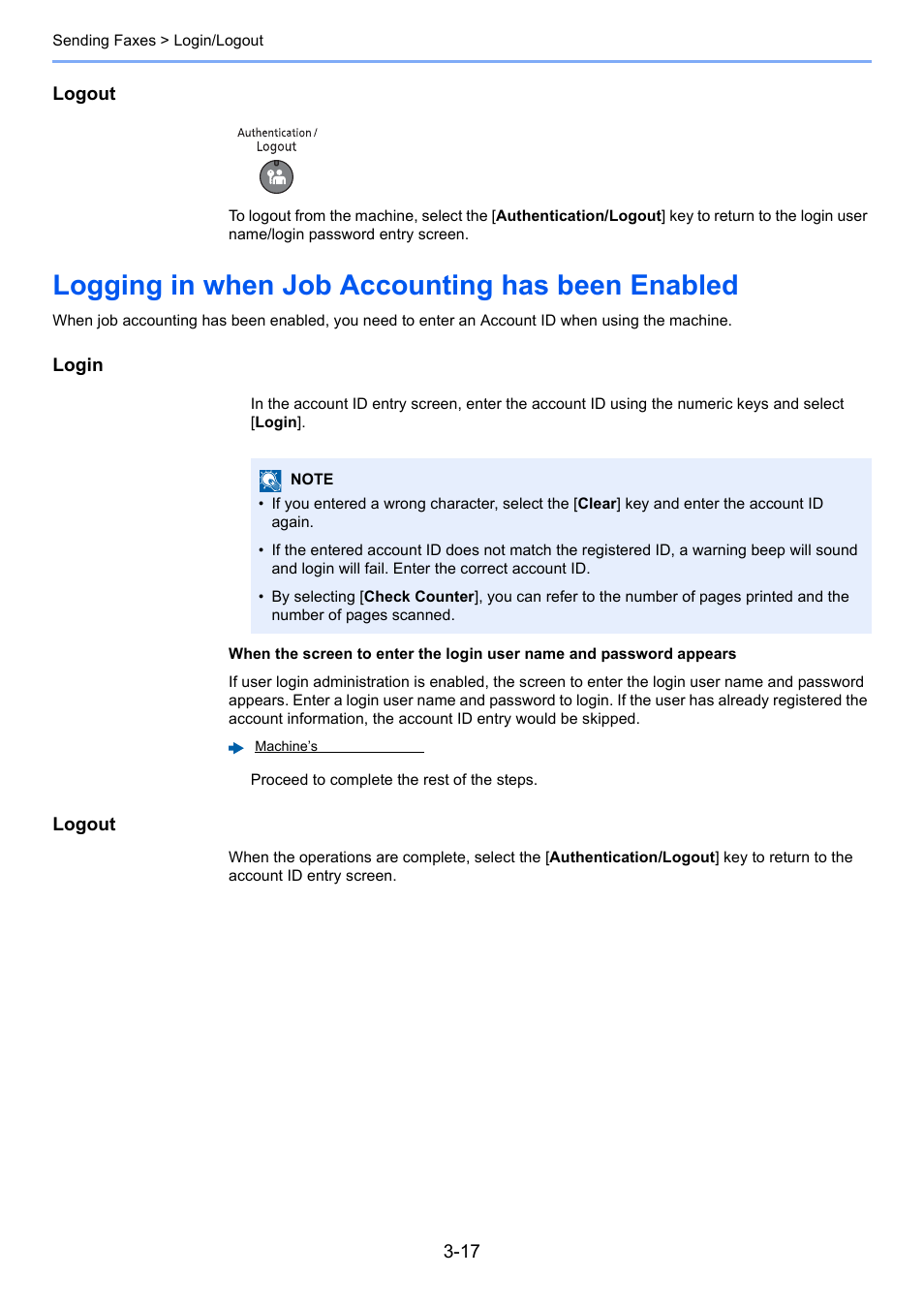 Logging in when job accounting has been enabled | Kyocera FAX System 12 User Manual | Page 62 / 258