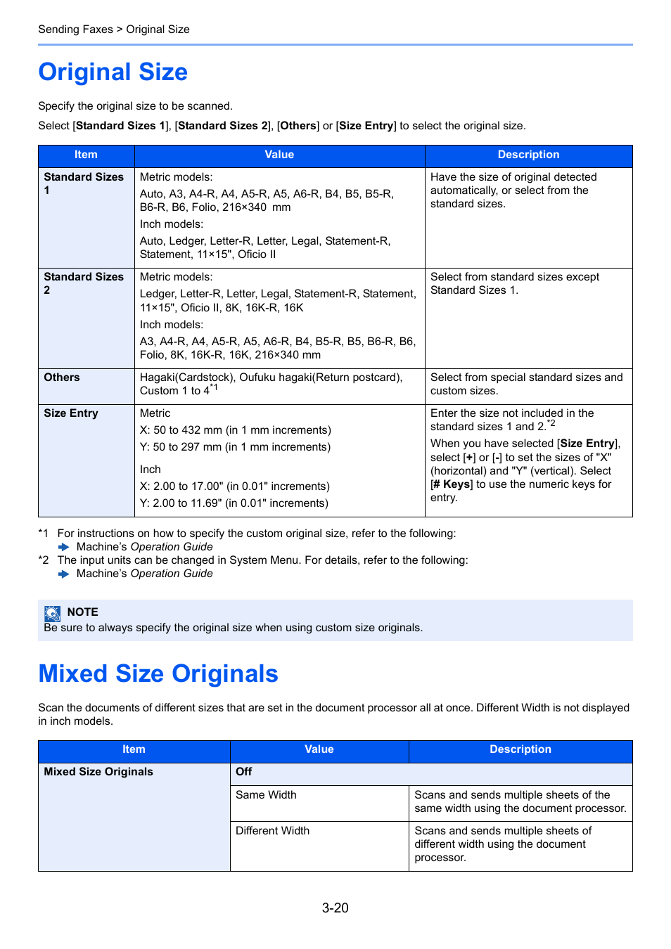 Original size, Mixed size originals, Original size -20 mixed size originals -20 | Kyocera FAX System 12 User Manual | Page 65 / 258