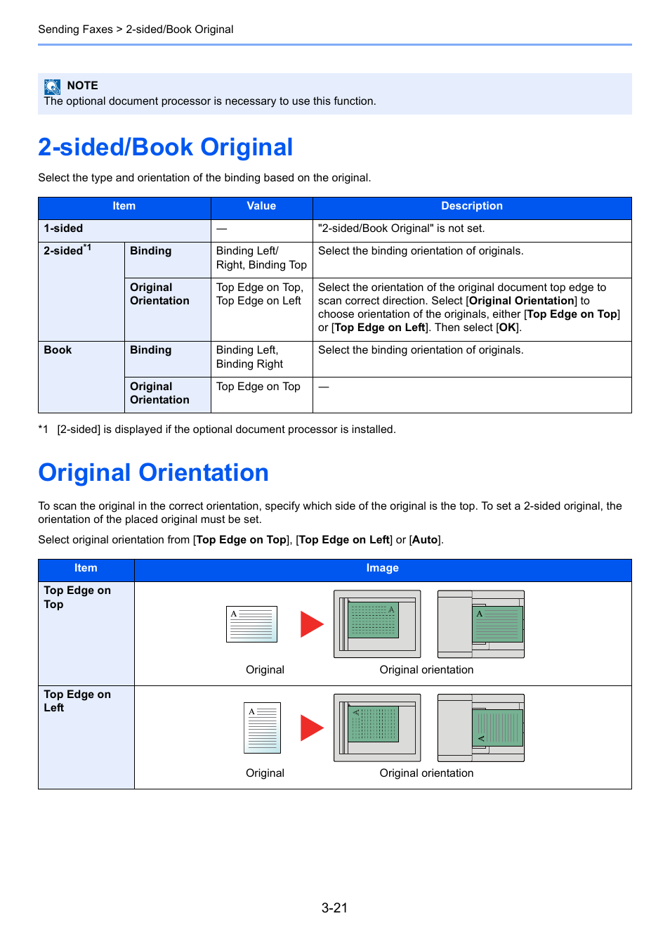 Sided/book original, Original orientation, Sided/book original -21 original orientation -21 | Original orientation -21 2-sided/book original -21 | Kyocera FAX System 12 User Manual | Page 66 / 258