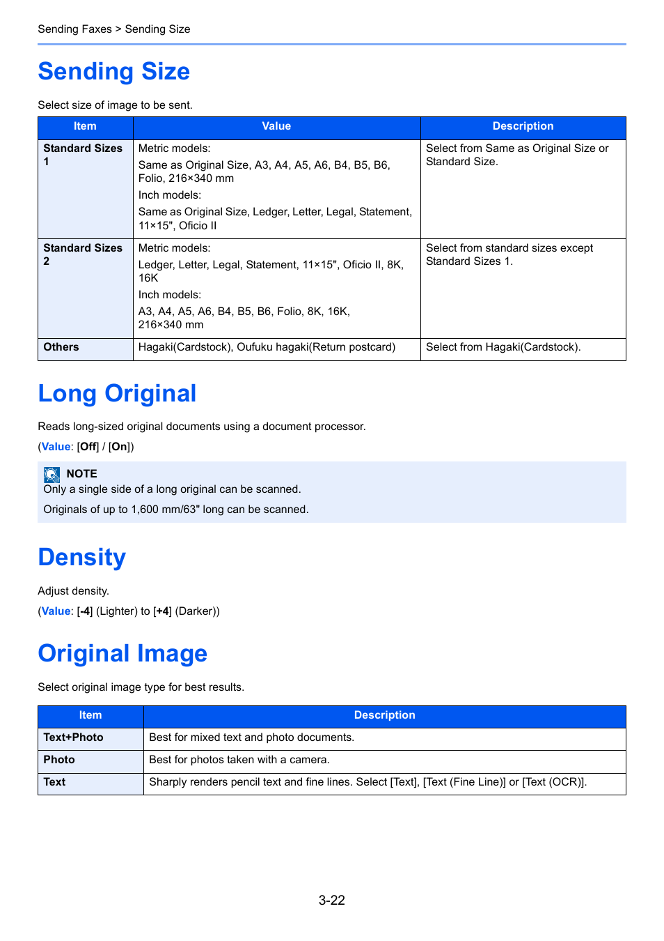 Sending size, Long original, Density | Original image, Long original -22, Density -22 original image -22 | Kyocera FAX System 12 User Manual | Page 67 / 258