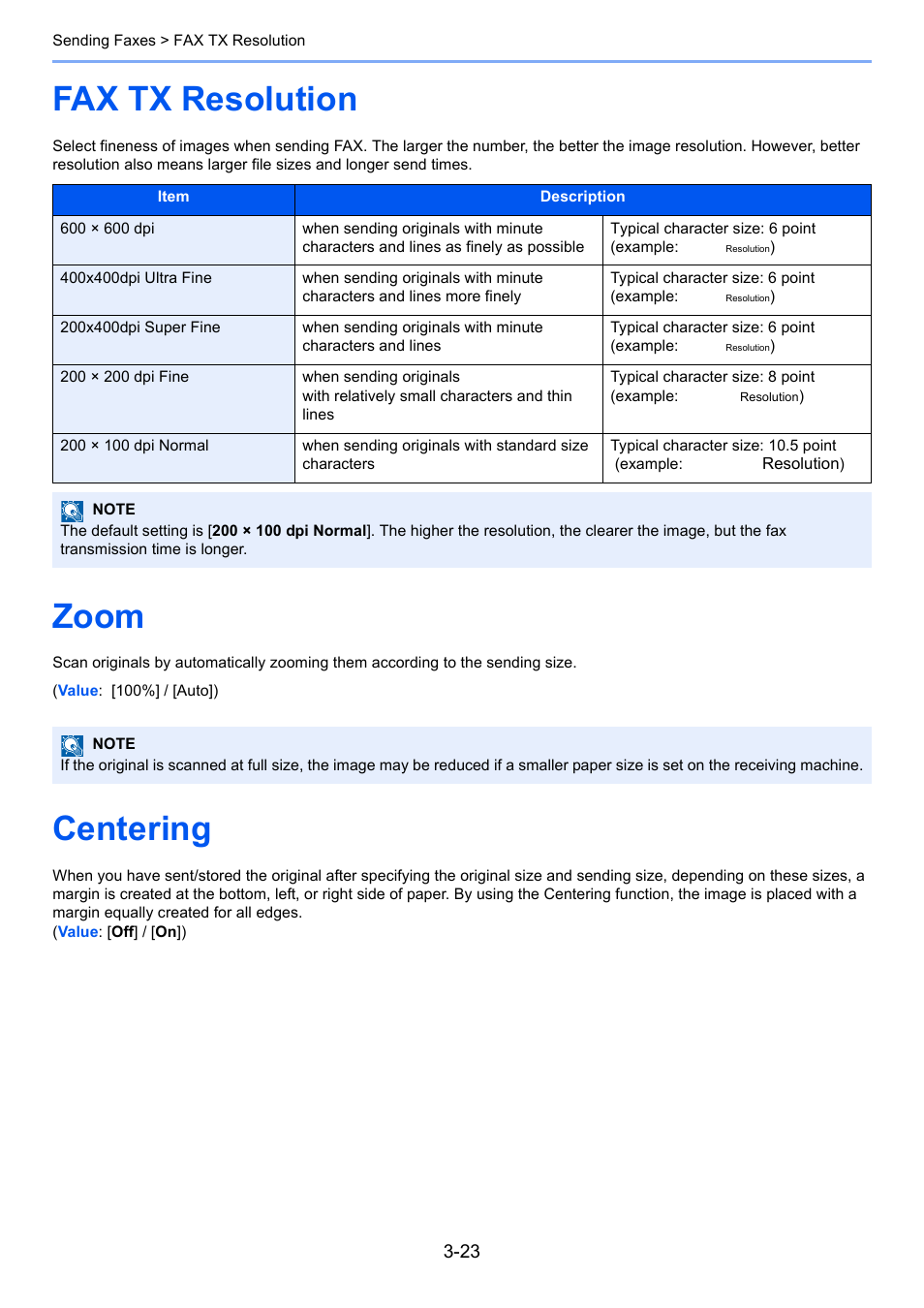 Fax tx resolution, Zoom, Centering | Fax tx resolution -23 zoom -23 centering -23, Fax tx resolution -23, Centering -23 | Kyocera FAX System 12 User Manual | Page 68 / 258