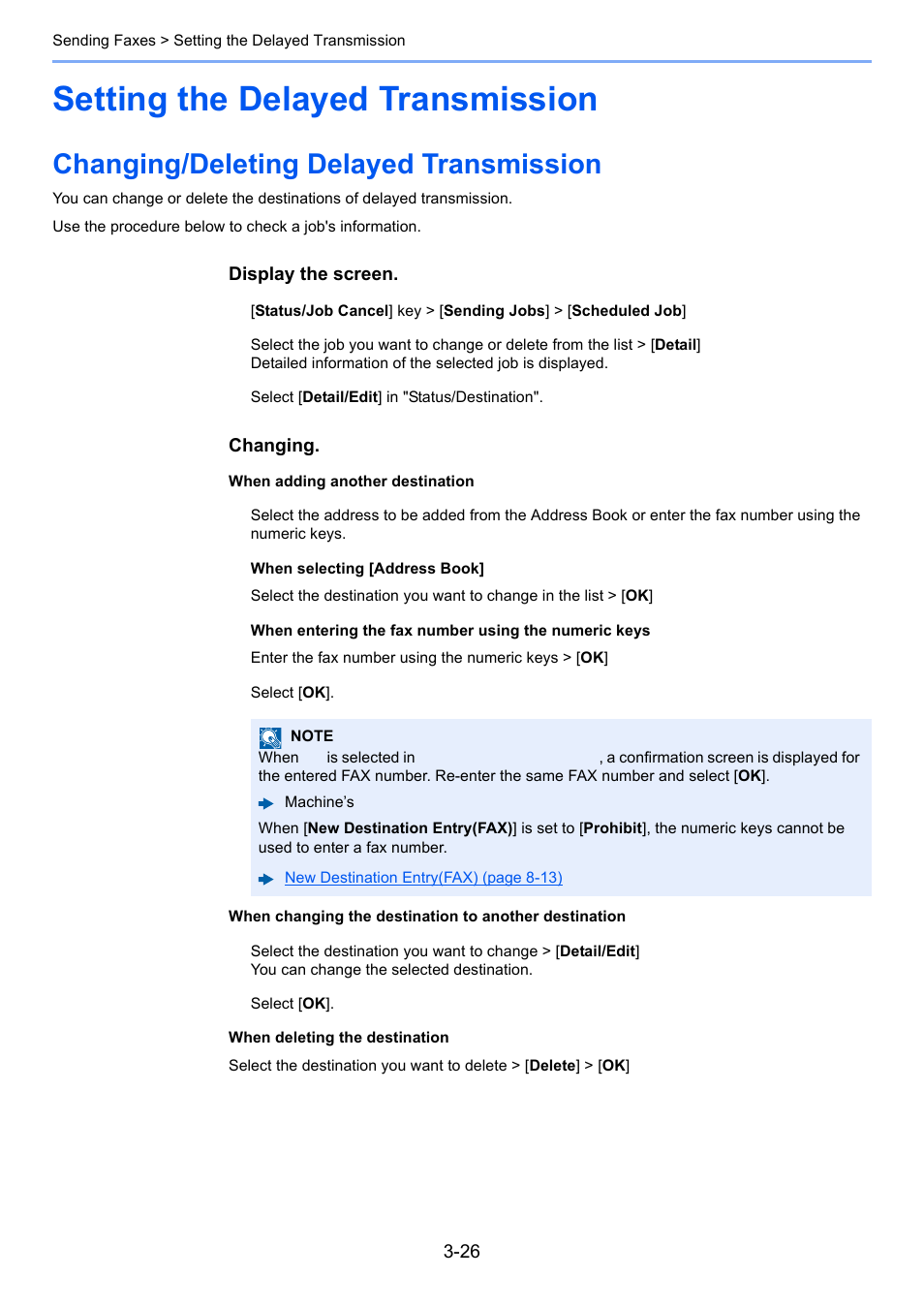 Setting the delayed transmission, Changing/deleting delayed transmission, Setting the delayed transmission -26 | Changing/deleting delayed transmission -26 | Kyocera FAX System 12 User Manual | Page 71 / 258