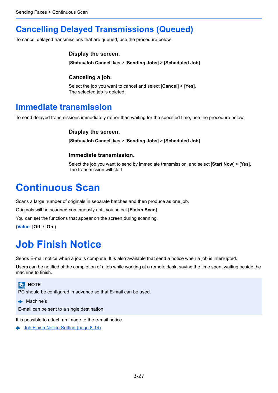 Cancelling delayed transmissions (queued), Immediate transmission, Continuous scan | Job finish notice, Continuous scan -27 job finish notice -27 | Kyocera FAX System 12 User Manual | Page 72 / 258