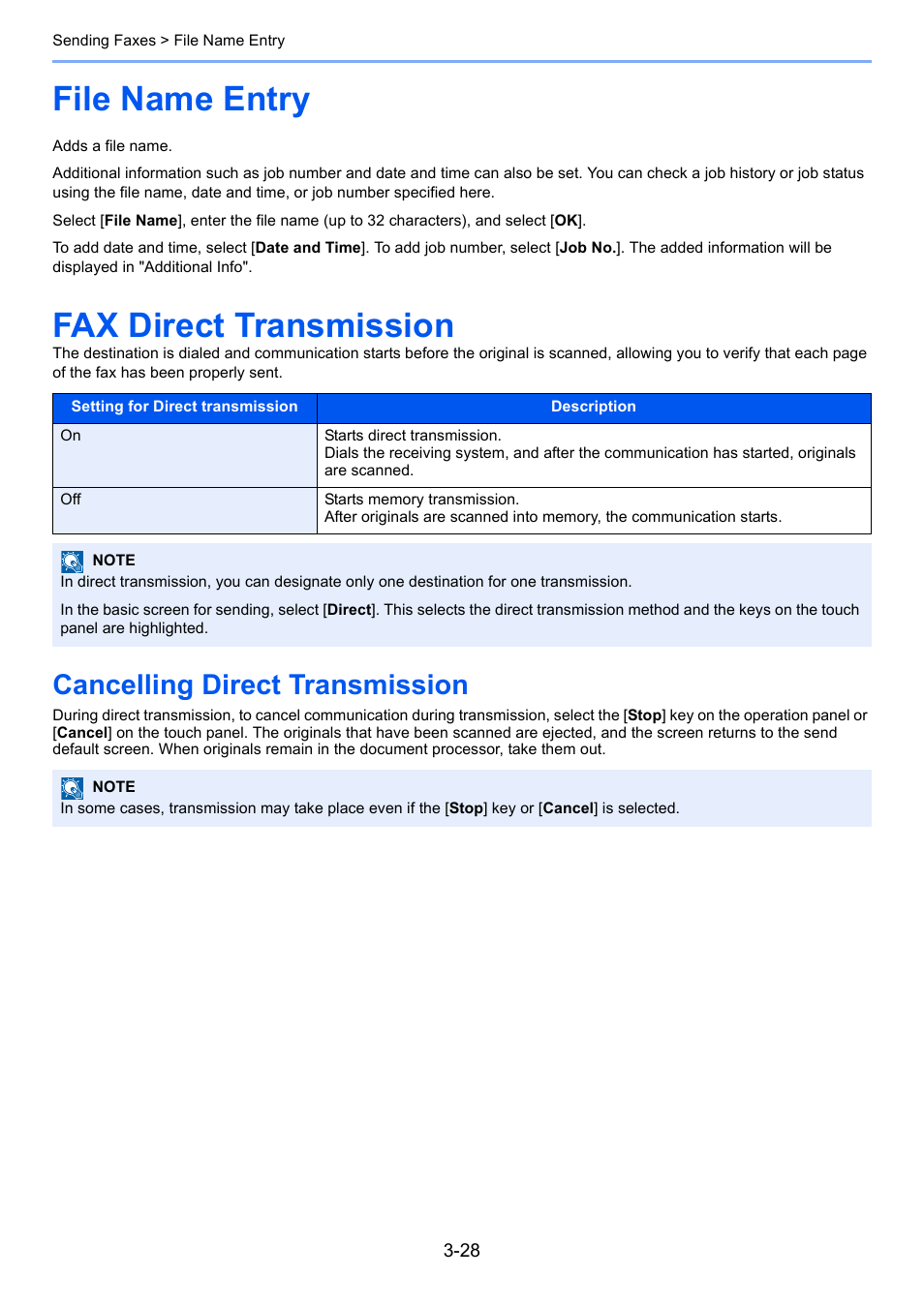 File name entry, Fax direct transmission, Cancelling direct transmission | File name entry -28 fax direct transmission -28, Cancelling direct transmission -28, File name entry -28, Fax direct transmission -28 | Kyocera FAX System 12 User Manual | Page 73 / 258