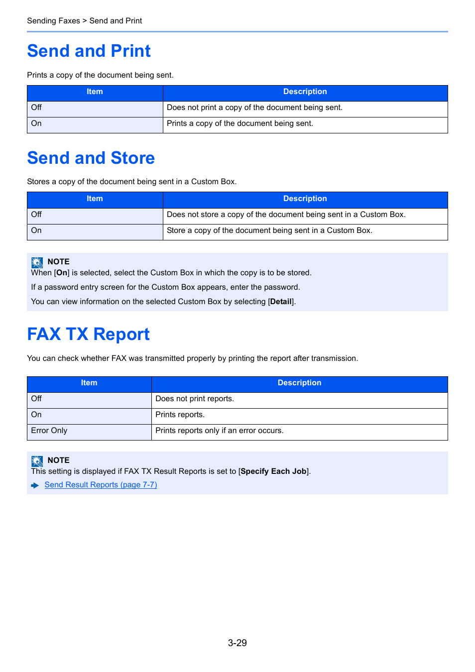 Send and print, Send and store, Fax tx report | Kyocera FAX System 12 User Manual | Page 74 / 258