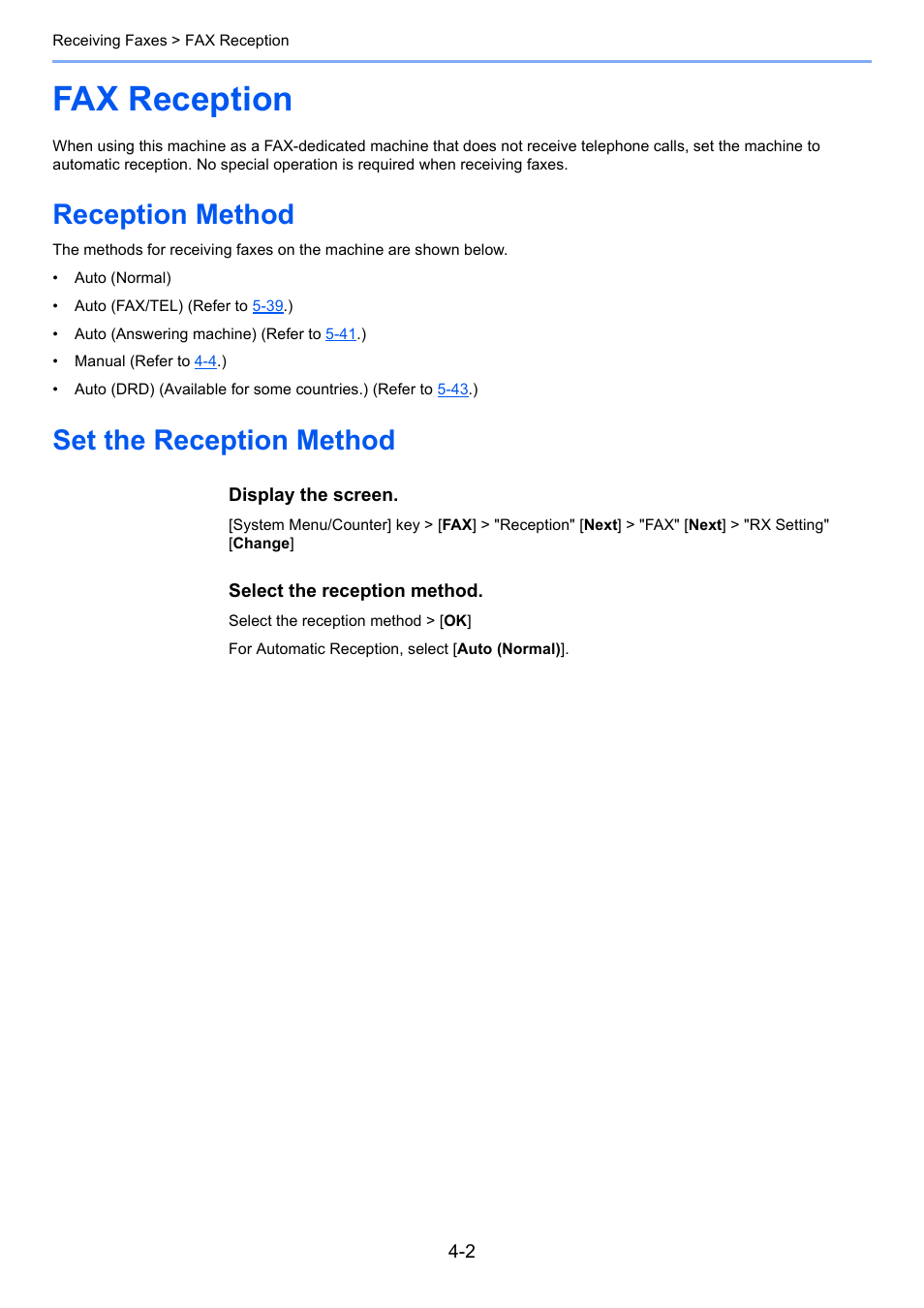 Fax reception, Reception method, Set the reception method | Fax reception -2, Reception method -2 set the reception method -2 | Kyocera FAX System 12 User Manual | Page 82 / 258