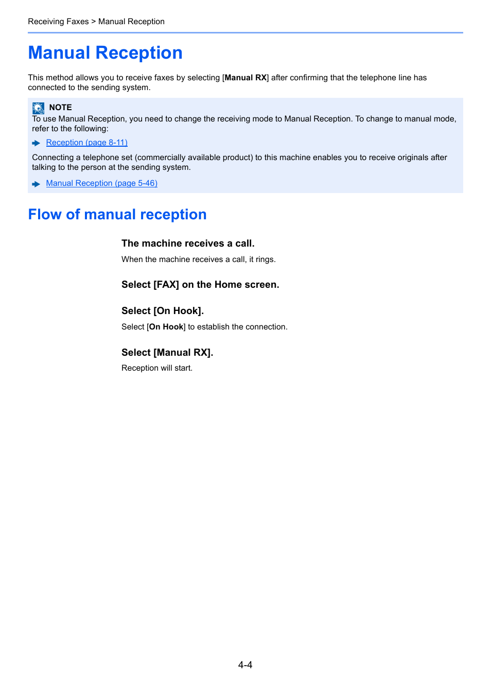 Manual reception, Flow of manual reception, Manual reception -4 | Flow of manual reception -4 | Kyocera FAX System 12 User Manual | Page 84 / 258