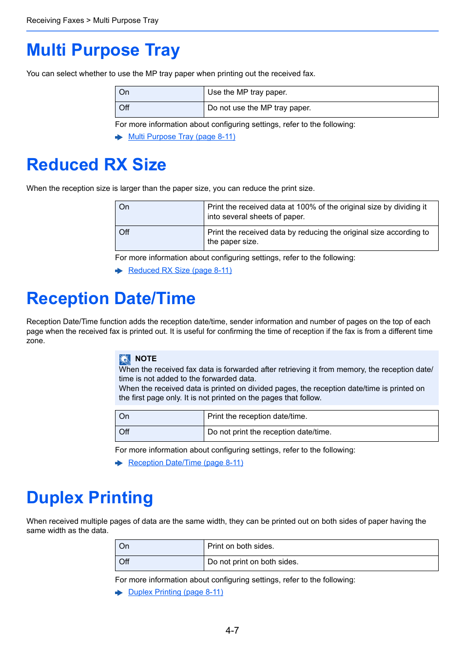 Multi purpose tray, Reduced rx size, Reception date/time | Duplex printing | Kyocera FAX System 12 User Manual | Page 87 / 258