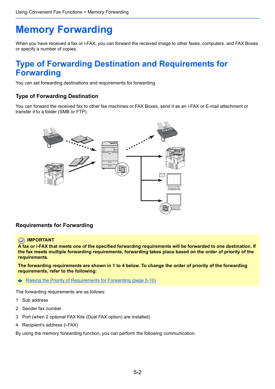 Memory forwarding, Memory forwarding -2, Type of forwarding destination and | Requirements for forwarding -2 | Kyocera FAX System 12 User Manual | Page 90 / 258