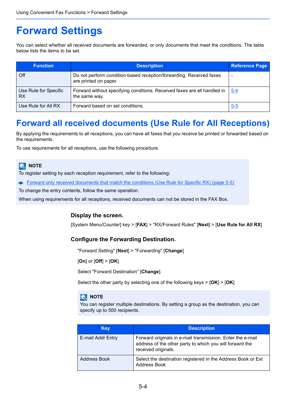 Forward settings, Forward settings -4, Forward all received documents | Use rule for all receptions) -4 | Kyocera FAX System 12 User Manual | Page 92 / 258