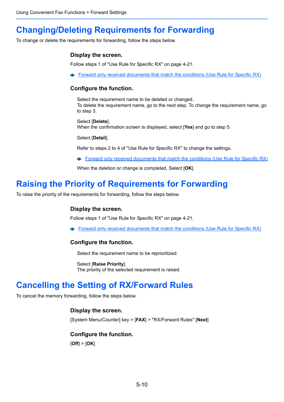 Changing/deleting requirements for forwarding, Cancelling the setting of rx/forward rules, Changing/deleting requirements for | Forwarding -10 cancelling the setting of, Rx/forward rules -10 | Kyocera FAX System 12 User Manual | Page 98 / 258