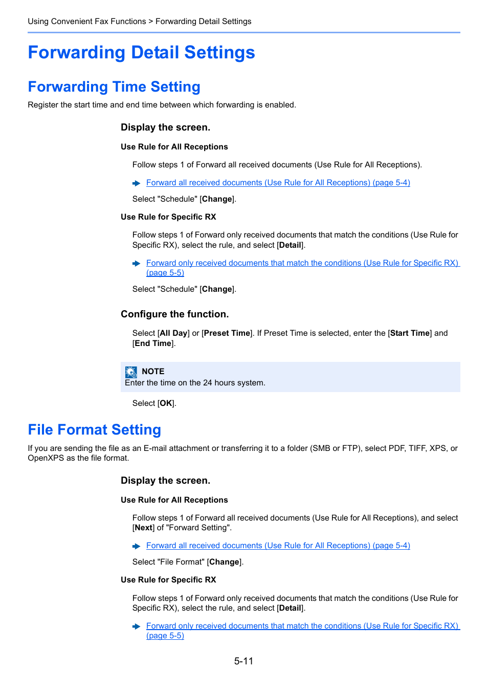 Forwarding detail settings, Forwarding time setting, File format setting | Forwarding detail settings -11 | Kyocera FAX System 12 User Manual | Page 99 / 258