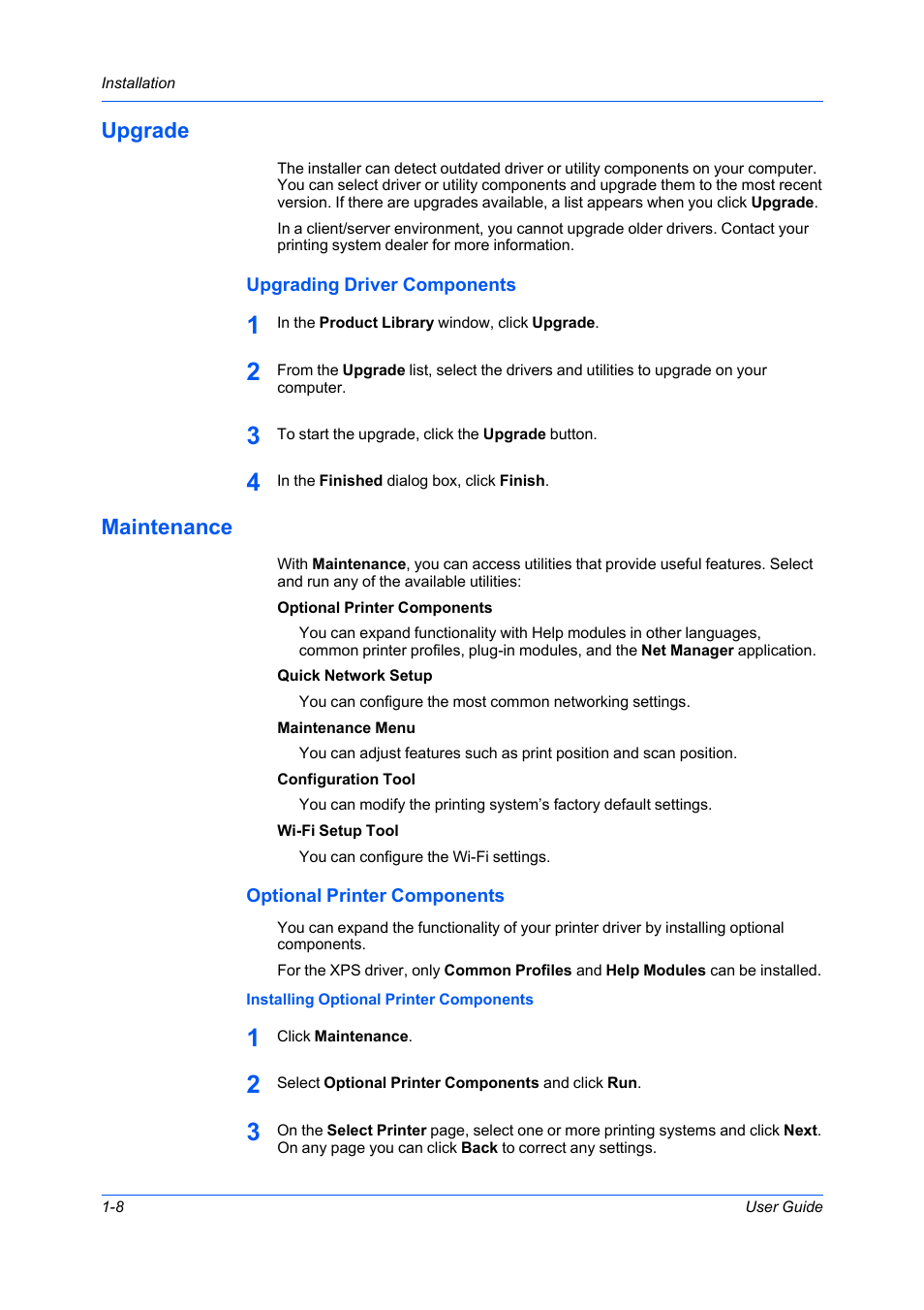 Upgrade, Upgrading driver components, Maintenance | Optional printer components, Installing optional printer components, Upgrade -8, Upgrading driver components -8, Maintenance -8, Optional printer components -8 | Kyocera Ecosys m2040dn User Manual | Page 14 / 93
