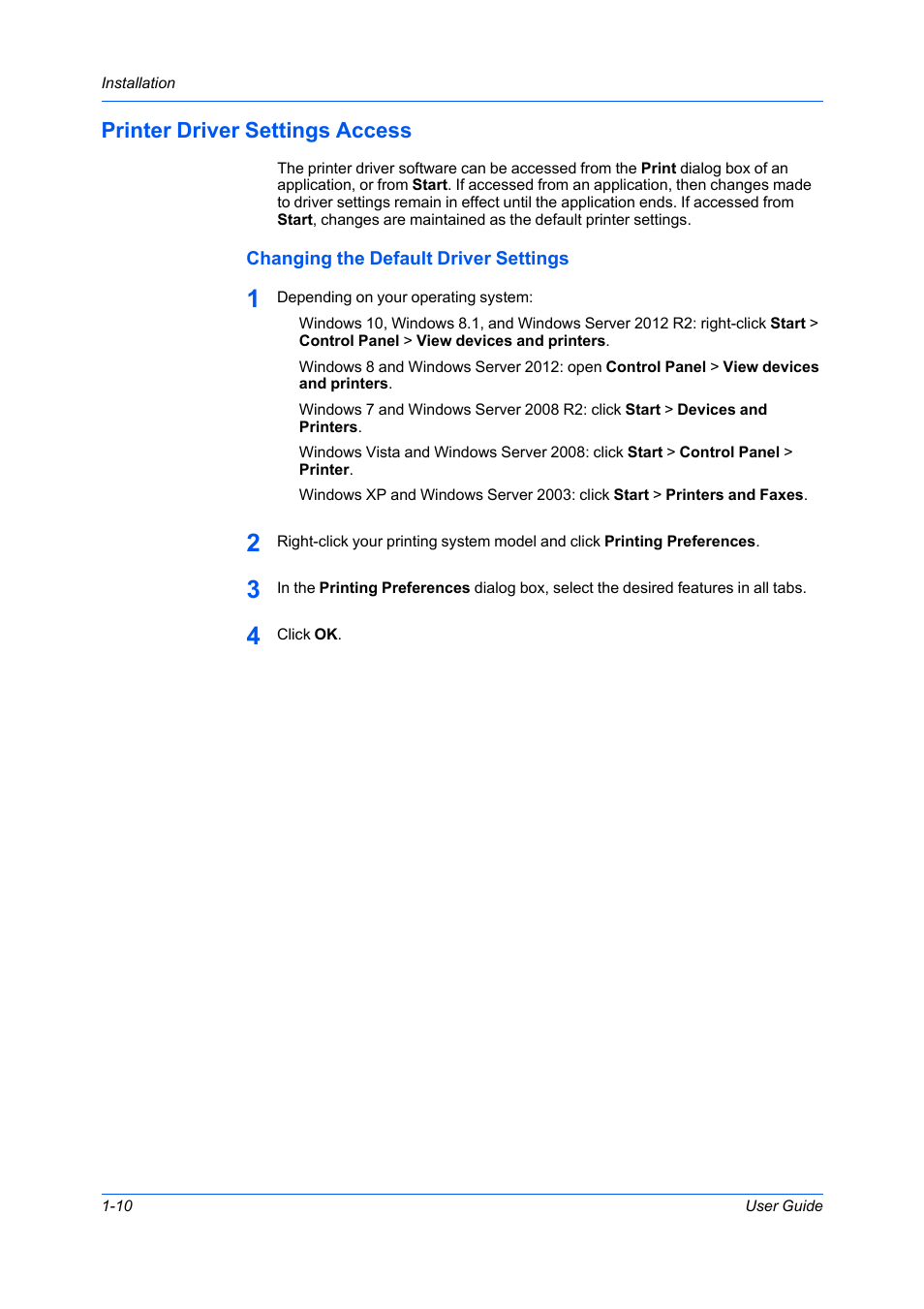 Printer driver settings access, Changing the default driver settings, Printer driver settings access -10 | Changing the default driver settings -10 | Kyocera Ecosys m2040dn User Manual | Page 16 / 93