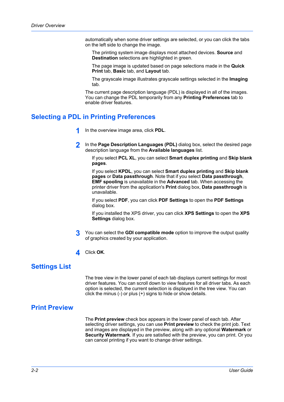 Selecting a pdl in printing preferences, Settings list, Print preview | Kyocera Ecosys m2040dn User Manual | Page 18 / 93